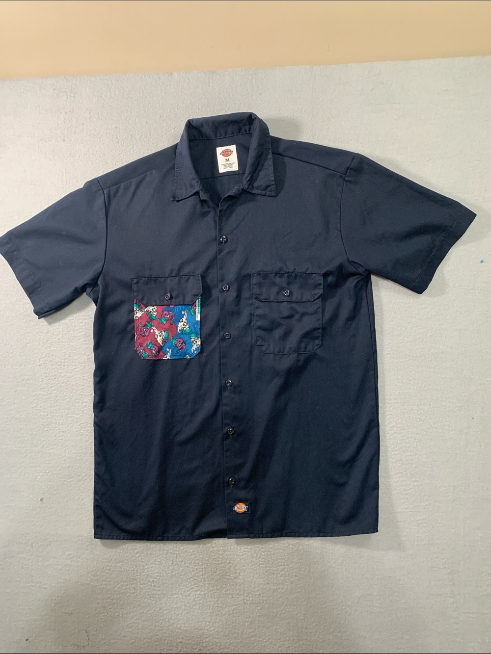 Dickies Navy Short-Sleeve Button-Up Shirt with Multicolor Patterned Pocket